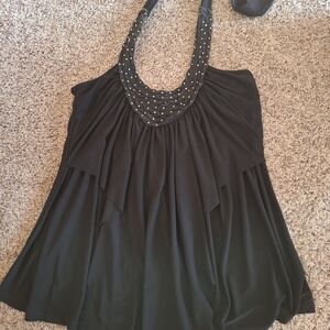 Vanity Black Halter Top with Studded Braided Neckline